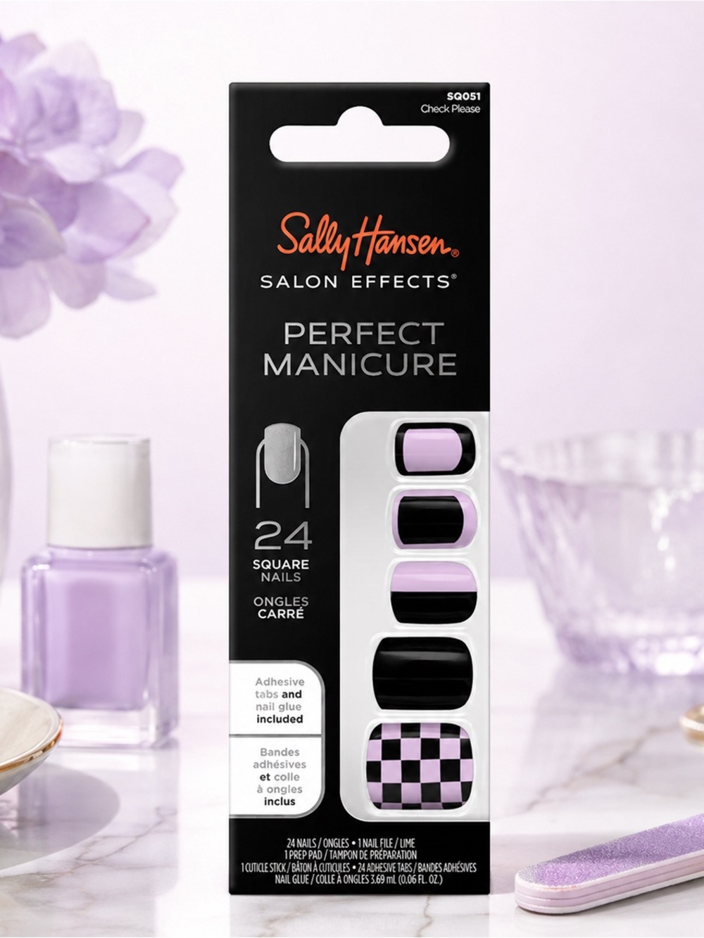 Sally Hansen Check Please SQ051 Lavender Black Square Press-On Nails 24pc